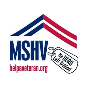 MSHV logo with red and blue stripes on top, text helpaveteran.org and dog tag No HERO Left BEHIND.